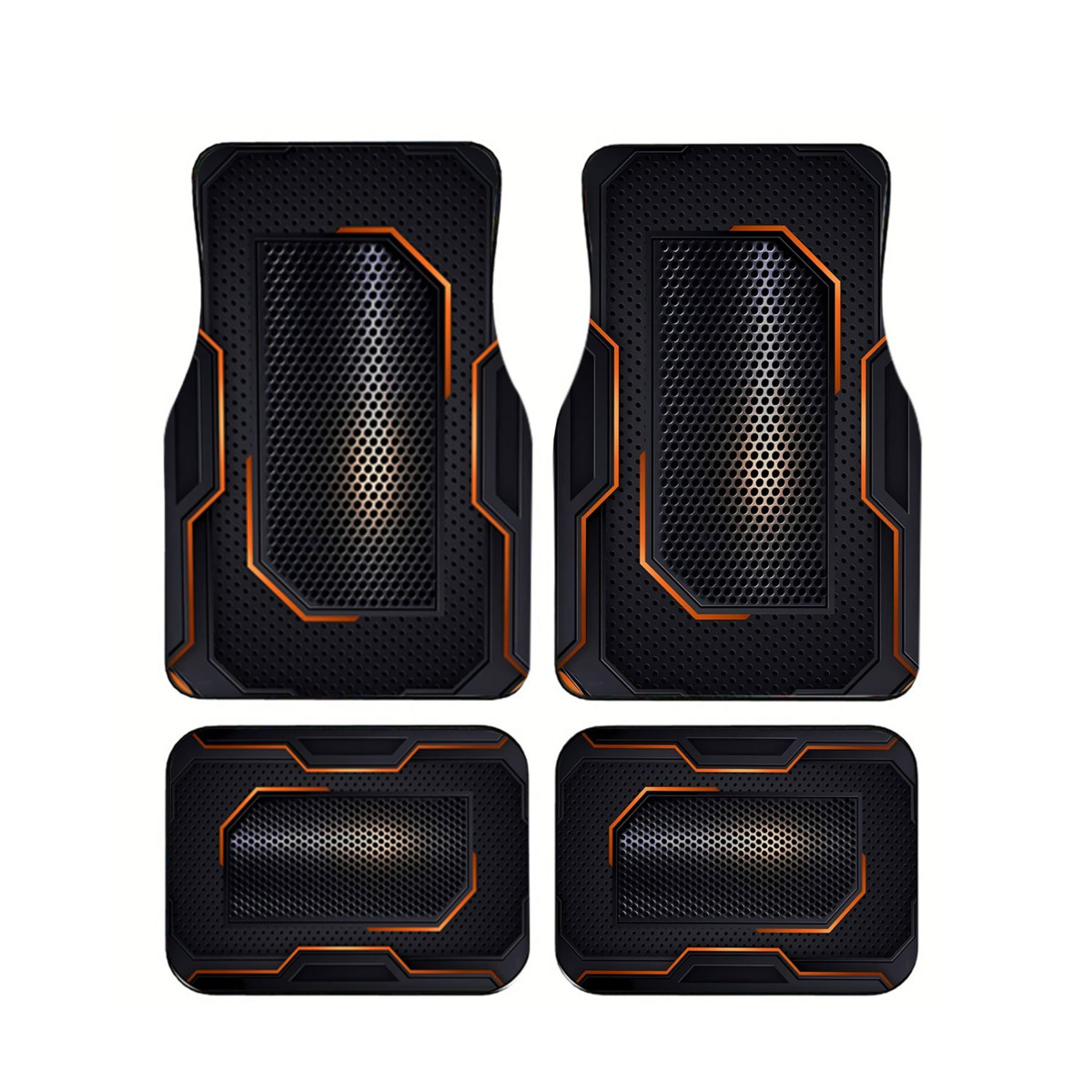 Universal Tech Accessories - 4-teiliger Universeller Auto-Fußmatten-Satz Schwarz Orange Tech-Mecha-Rahmen-Druck